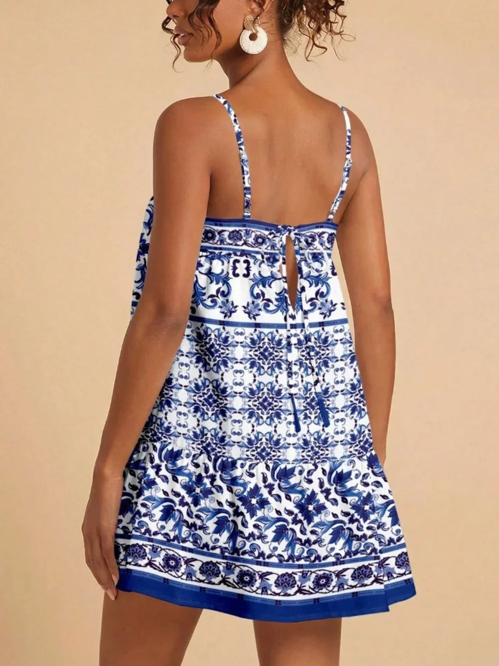 White Boho Women's Mediterranean Geometric Floral Spaghetti Strap Short Dress - Picture 3 of 8
